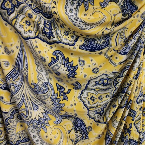 Ralph Lauren Wrap Dress, Size 6, Yellow and Blue Paisley, Plunging Neckline - Picture 3 of 10